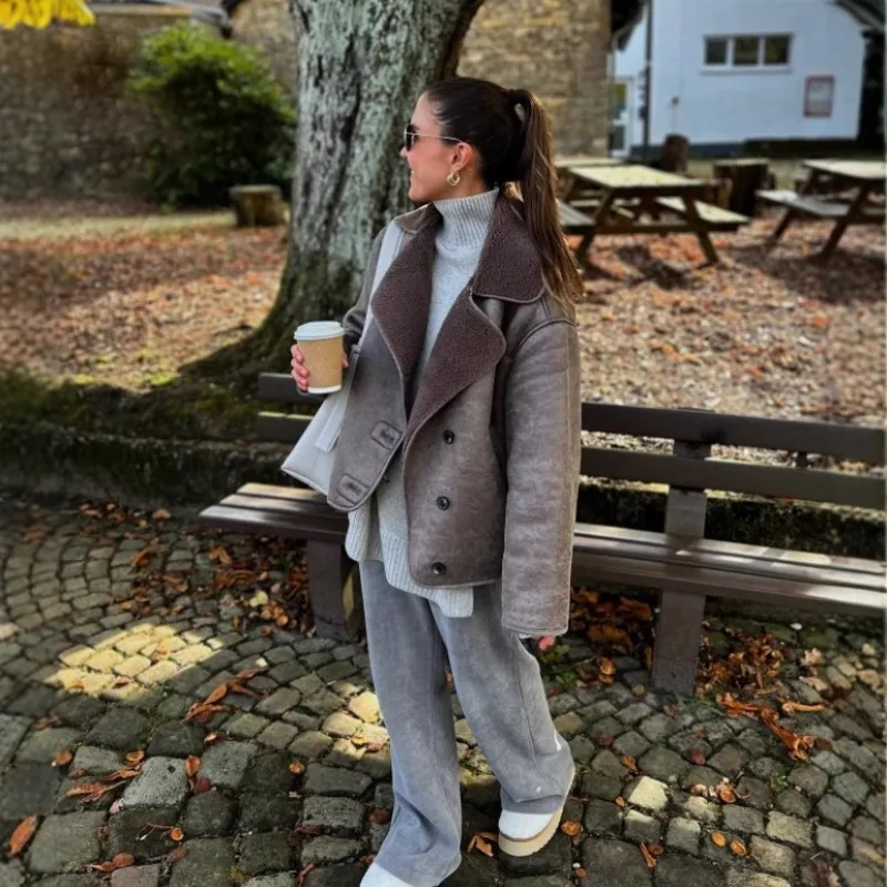 Luxury Women's Clothing Trendy Wool Lapel Coat Autumn Winter Lambswool Jacket Warm Versatile Brand Korean Casual Streetwear