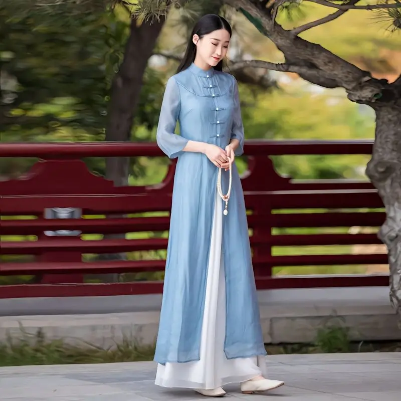 

2024 ao dai cheongsam elegant chinese dress aodai oriental flower print chiffon dress qipao vietnam ao dai women elegant qipao