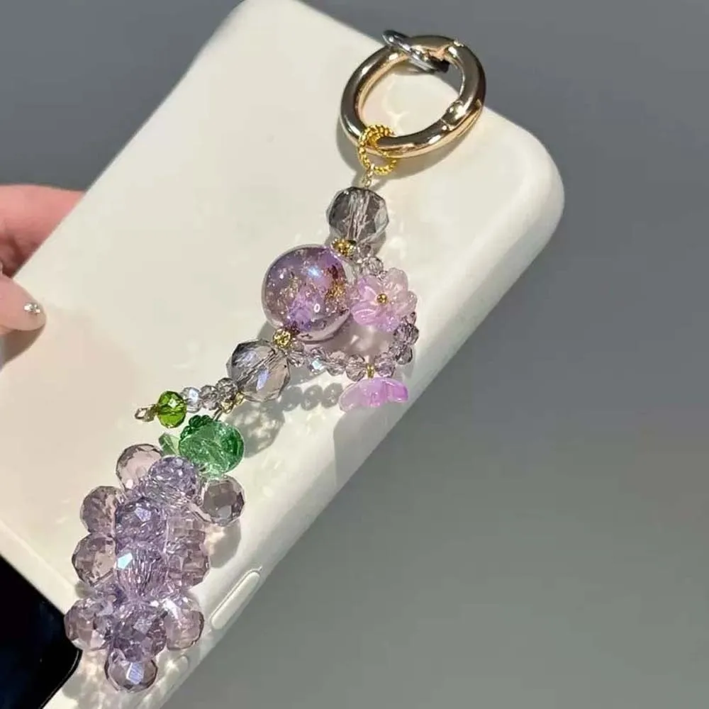 Elegant Grape Cluster Pendant Alloy Green Crystal Grape Phone Chain Polyester Flower Gradient Beads Woven Pendant