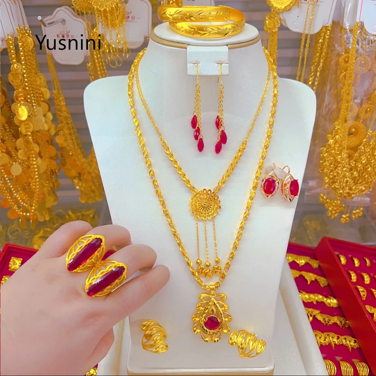 New European Dubai Fashion 24K Gold Plated Necklace Earrings Rings Bracelets Exquisite Engagement Party Jewelry Set for Lovers - view 3