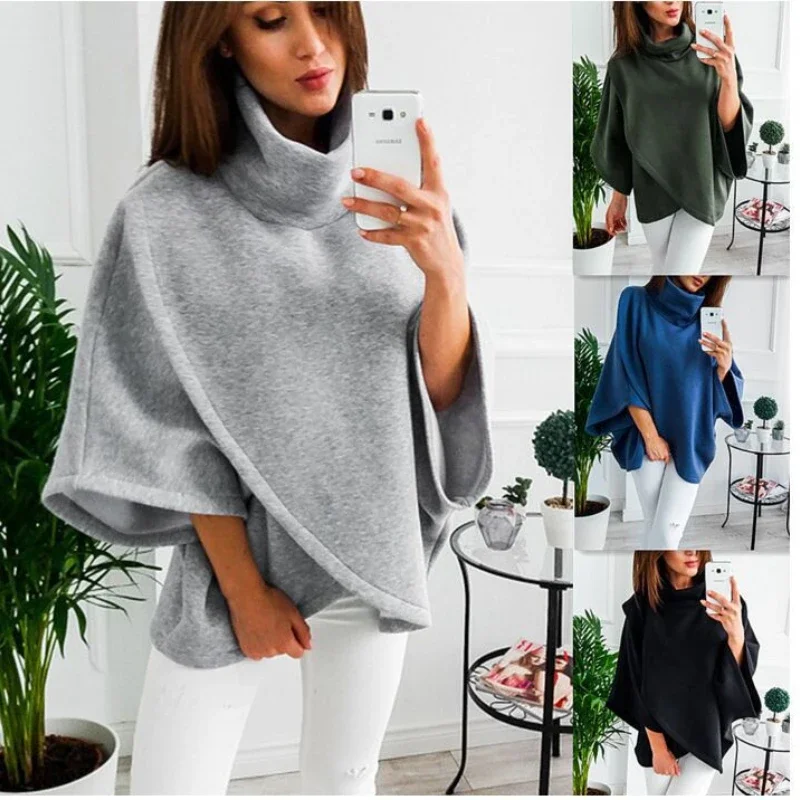 Women's High Neck Casual Bat Sleeve Capes Ponchos 2024 Winter Coats Women Loose Solid Vintage Jackets Fleece Cloaks