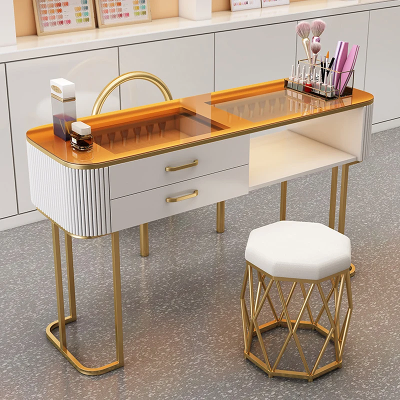 Profesional Glass Gold Nail Desk Workstation Design Luxury Chair Nail Table White Organizer Tavolo Per Unghie Manicure Furniture