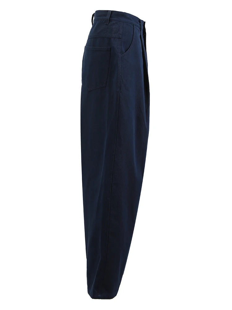 [EAM] vita alta elastica tasca blu scuro Casual pantaloni lunghi a gamba larga nuovi pantaloni moda donna marea primavera autunno 2024 CPG1337