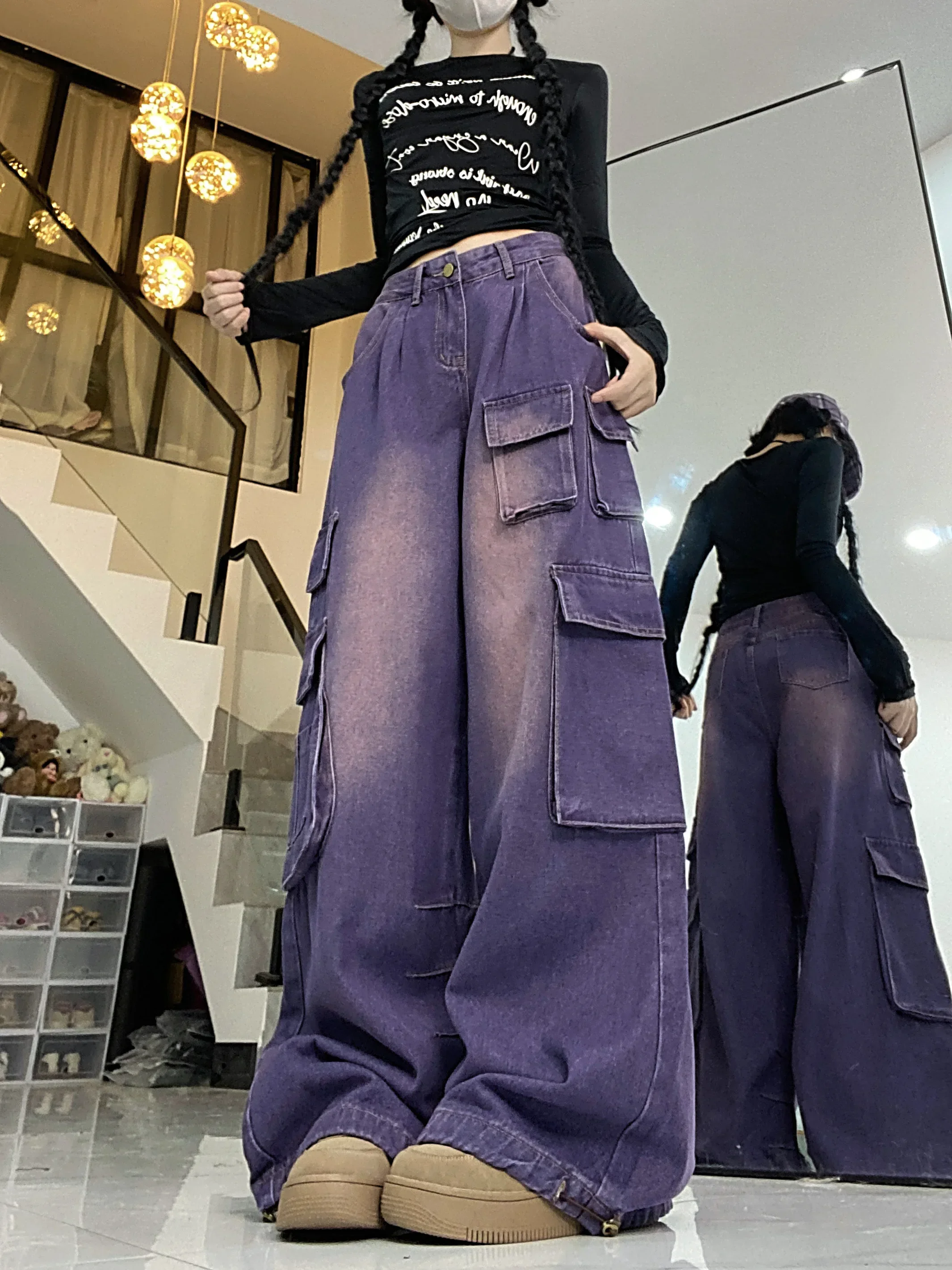 

Women Baggy Jeans Denim Pant with Flap Pocket Cargo Techwear Streetwear cool y2k pants harajuku bf boyfriend loose straight 2023