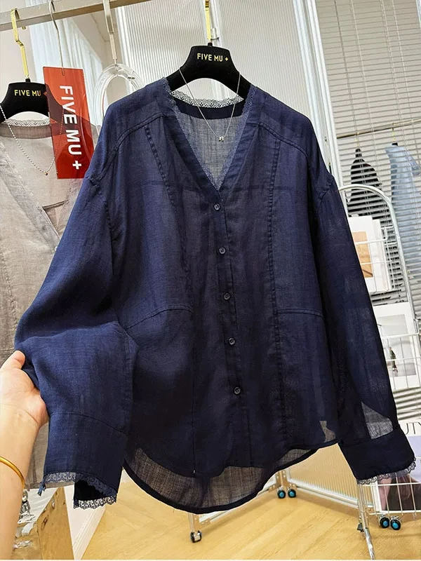 

Extra Large 2300 Pound Lace Trim V-neck Shirt Women Summer Design Loose Age-defying Thin Long Sleeve Blouse Korean Style Commute