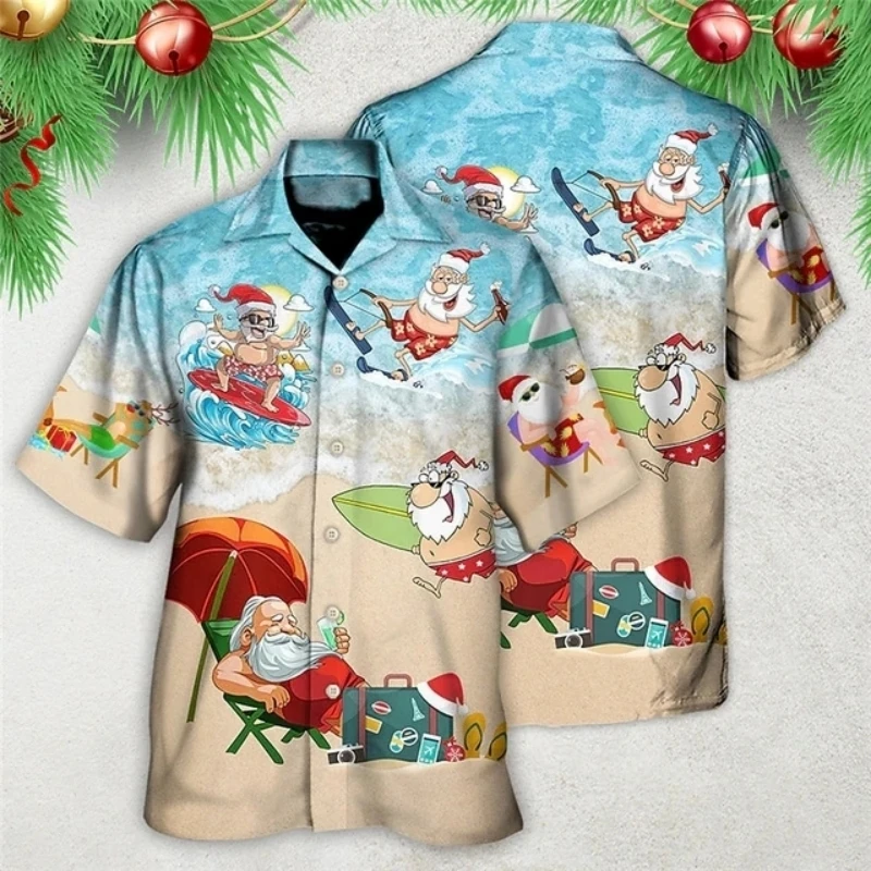 Christmas Men\'s Hawaii Shirt Short Sleeve New Year Xmas 3D Printing Tops Santa Claus Party Beachwear Camping Vacation Apparel