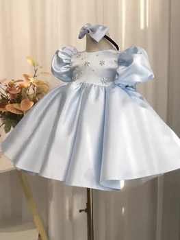 Céu azul cetim criança primeiro aniversário vestidos de festa mangas inchadas casamento flor menina vestido pérolas comunhão sagrada batismo vestidos
