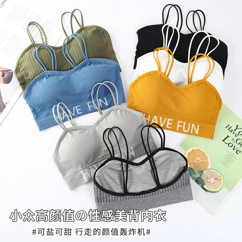 Sports Style with Letters Underwear Wireless Spaghetti-Strap Vest Anti-Wardrobe Malfunction Base Push up Bra for Women