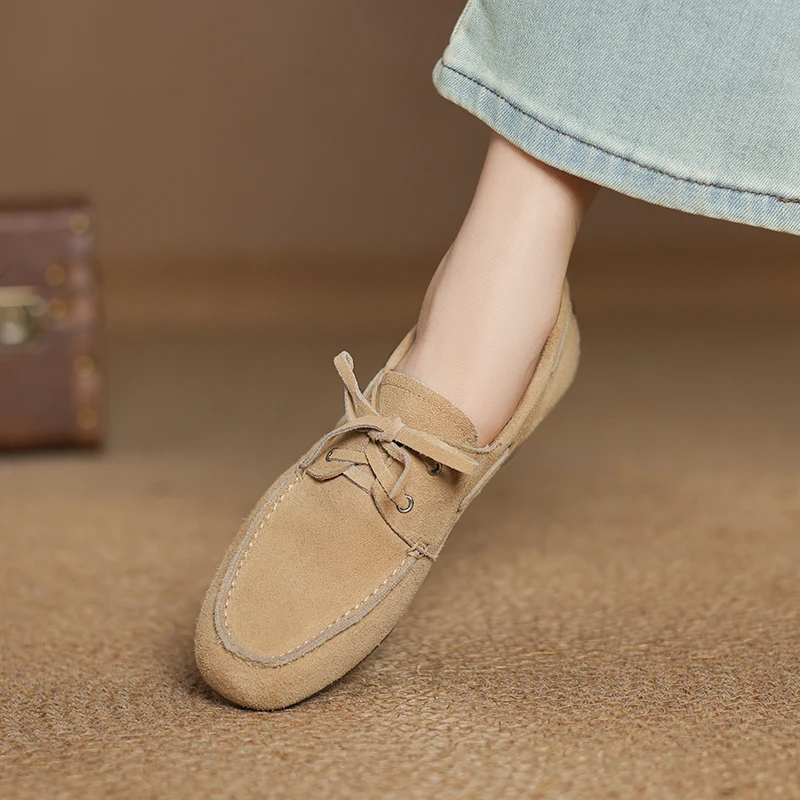 2025 New Genuine Leather Flats Shoes Women Loafers Pumps Trend Vintage Suede Loafers Women's Casual British Style Single Shoes