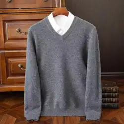 Pulôver com decote em v camisola de lã masculina manga comprida cor sólida negócios casual jumper camisola outono inverno novo básico quente malha topo