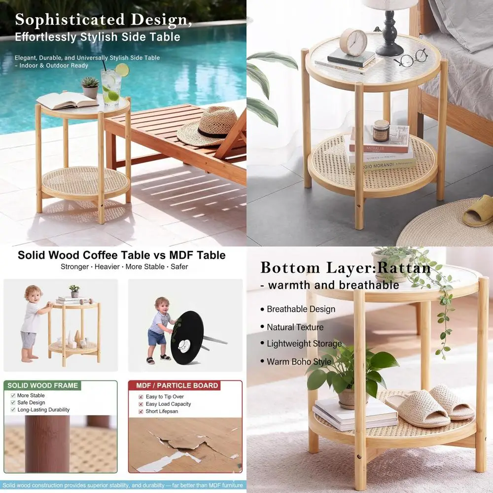 

Современный бамбуковый приставной столик, круглая стеклянная столешница 19,7 дюйма, маленькая мебель для гостиной, для использования в помещении или на улице