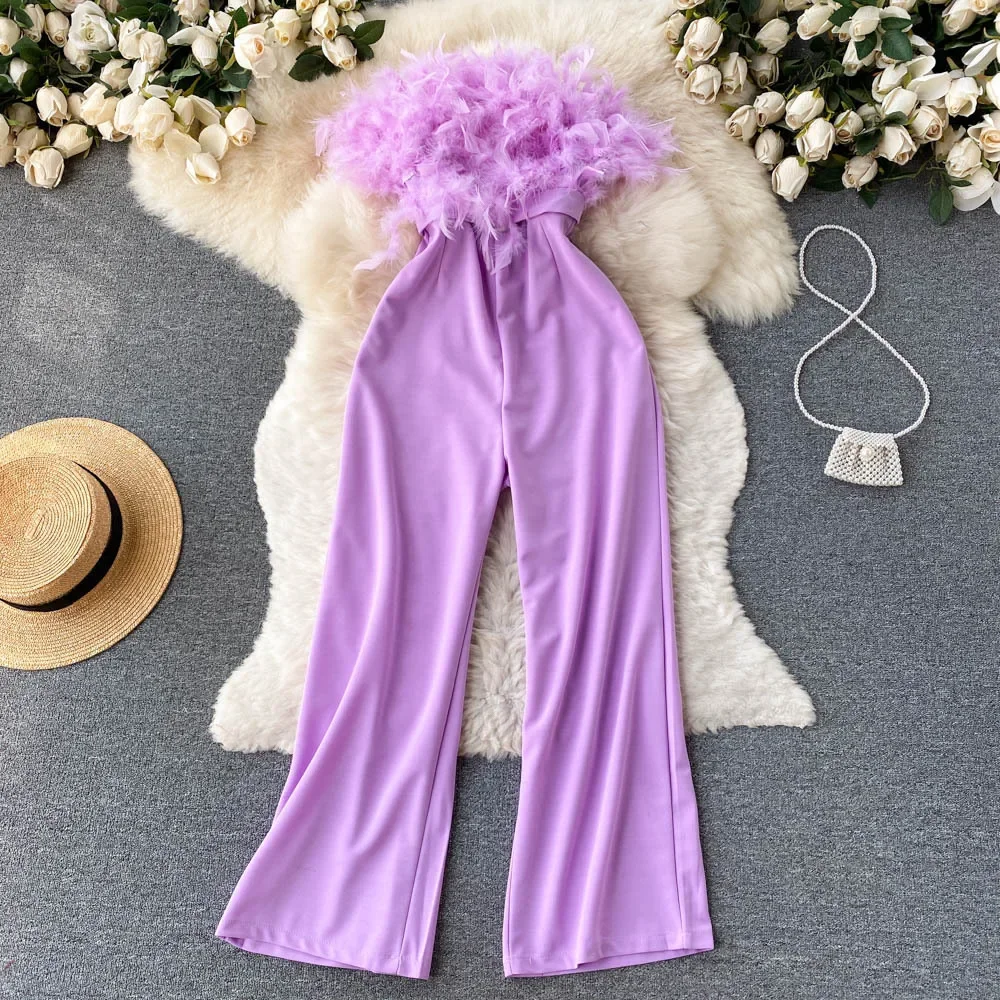 High-end Designer Clothing Feather Brassiere Jumpsuit Women Summer New Loose Wide Leg Straight Trousers Plus Size