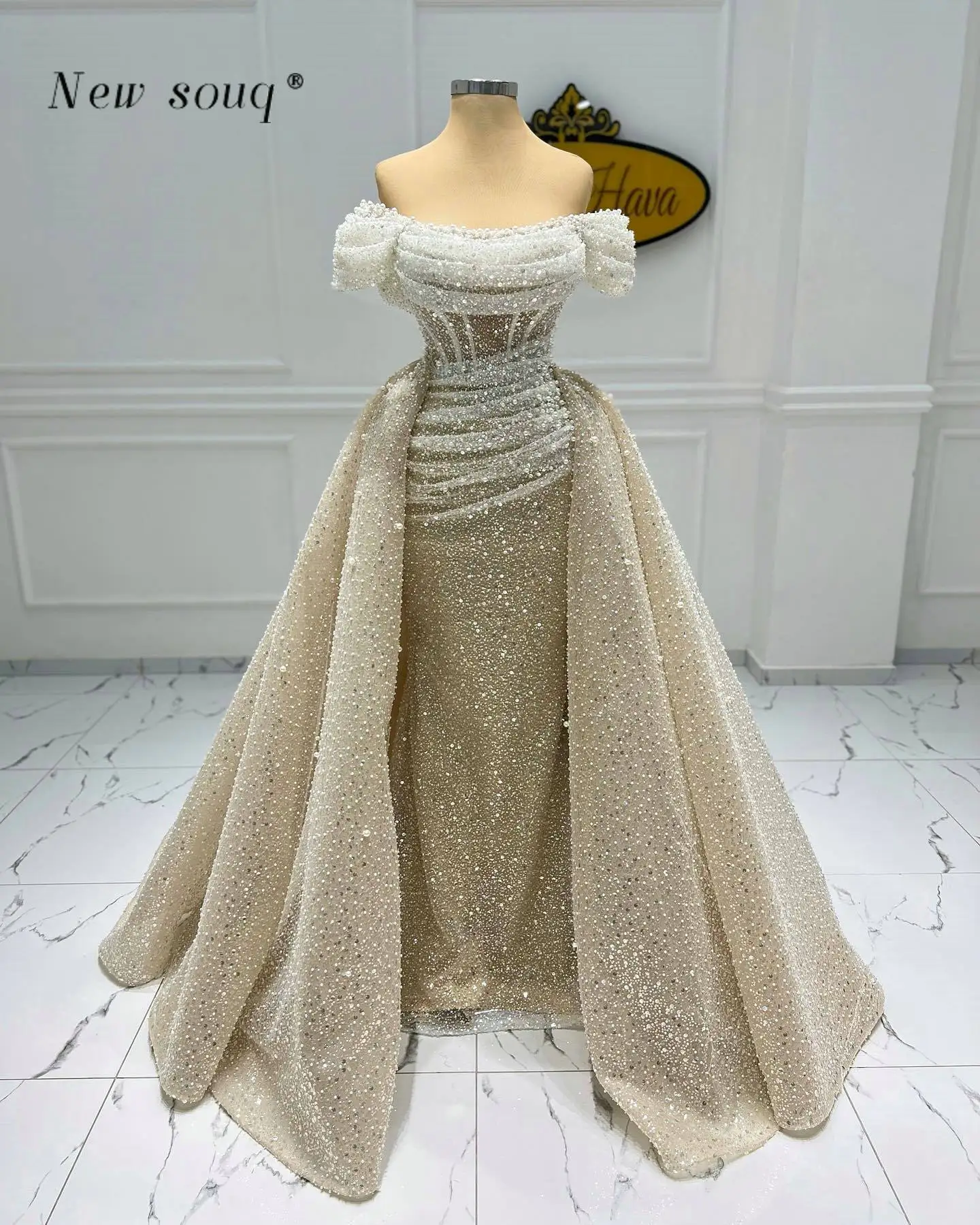 Champagne Sparkly Off Shoulder Sequins Evening Dresses with Detachable Train Pearls Formal Two Pieces Overskirt Party Gowns