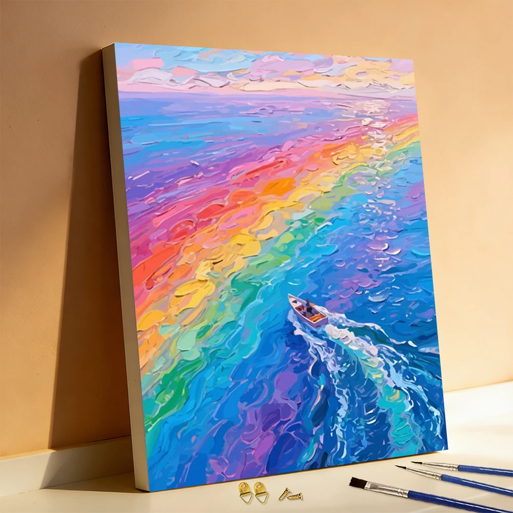 Huacan Ölgemälde nach Zahlen, Regenbogen-Ozean, DIY digitales Ölgemälde, Boot, Landschaft, Heimdekoration für Wohnzimmer