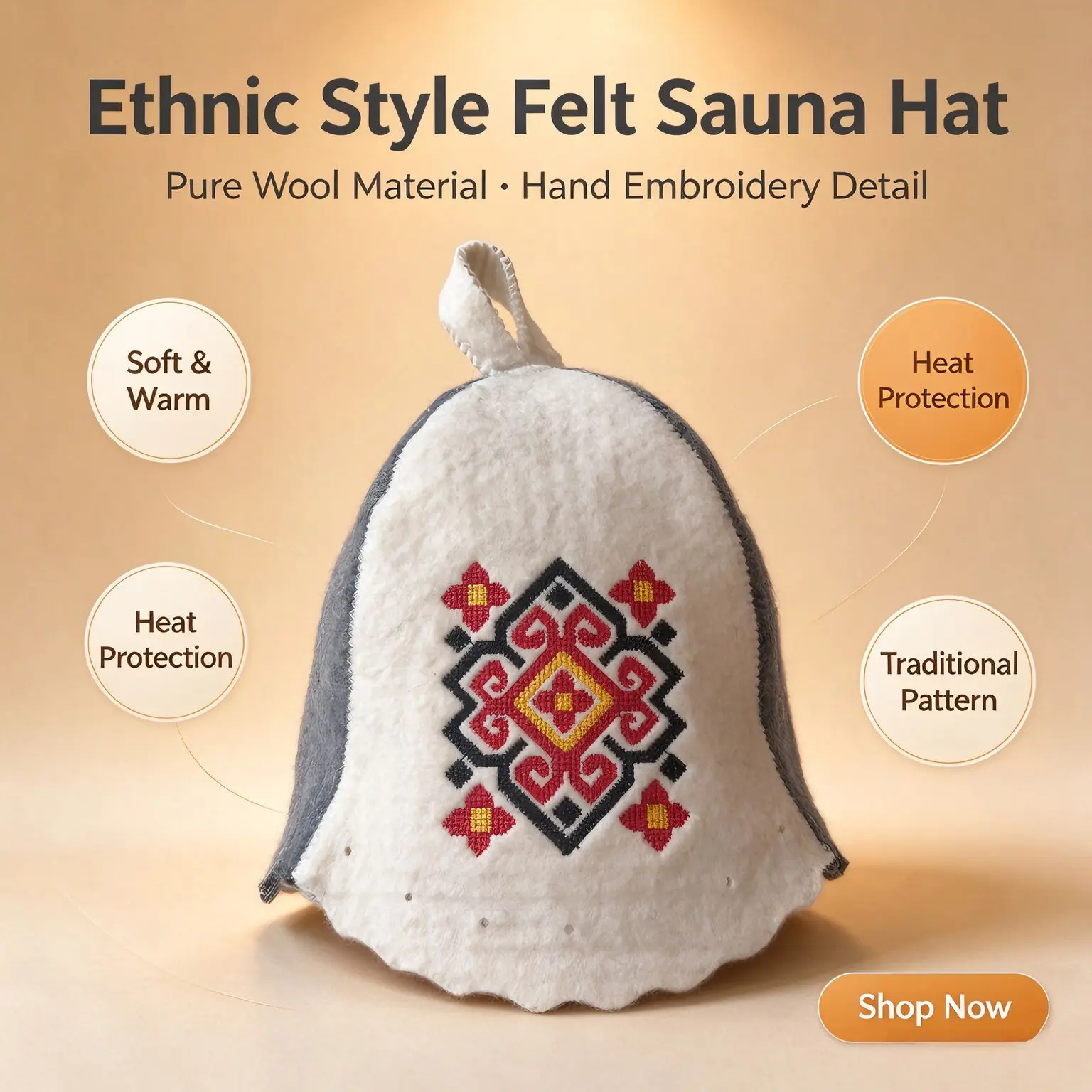 Wool Embroidered Sauna Hat for Men Women, Ethnic Bath Cap Heat Protection Head Cover for Banya Steam Room Spa, Unisex
