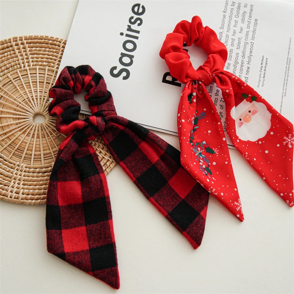 Christmas Hair Ties Scrunchies Santa Claus Coarse Checkered Bow Hair Rope For Girls Elastic Ponytail Holder Hair Accessories