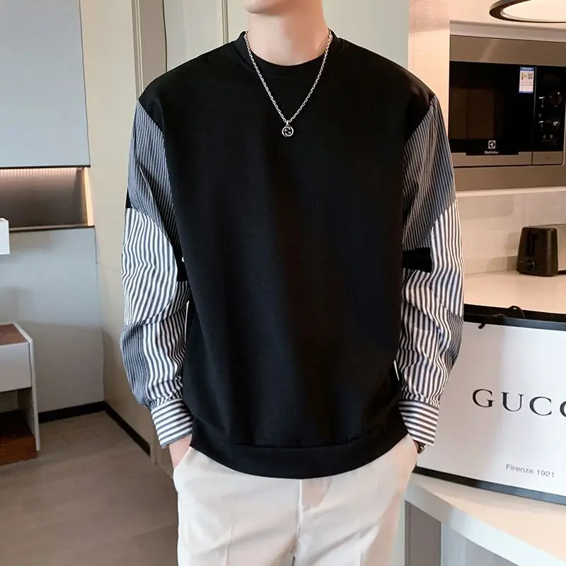 

Spring New Casual Handsome Round Neck Spliced Striped Hong Kong Breeze Printed Loose Men's Clothing Fake Two Pieces Sweatshirts