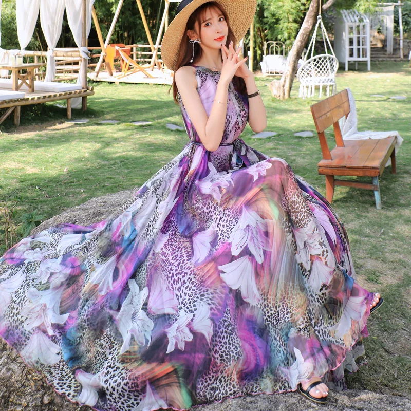 2023 New Floral Summer Sleevelss Suspender Maxi Dress for Women Sexy Backless Beach Purple Boho Robe Femme Sundress Dress Photo