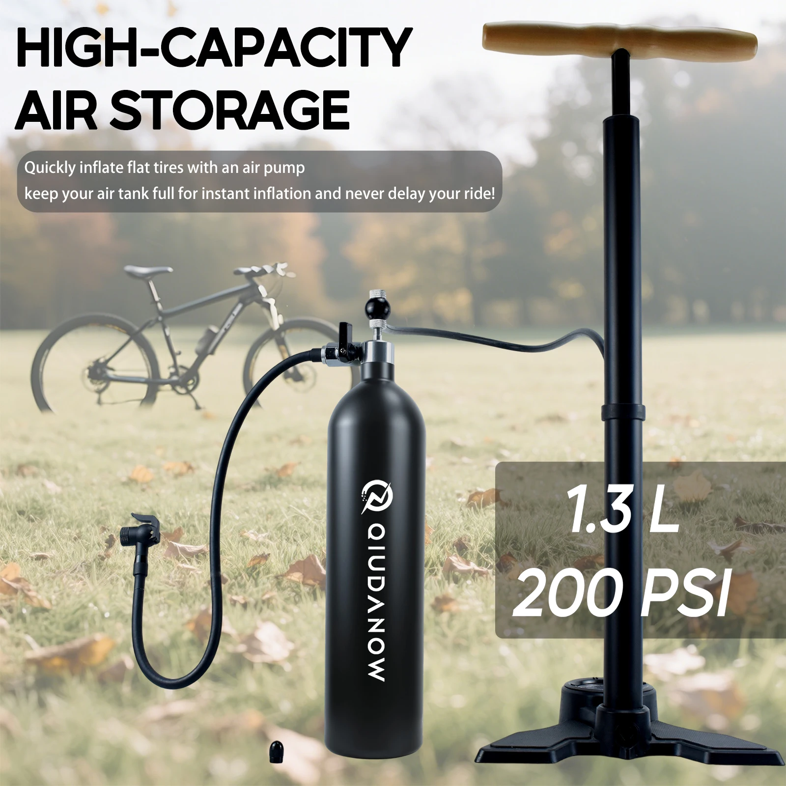 QIUDANOW 1.3L Aluminum Alloy Tire Air Booster Pump 200PSI with Presta/Schrader Valves for MTB Road Bike Reinflatable