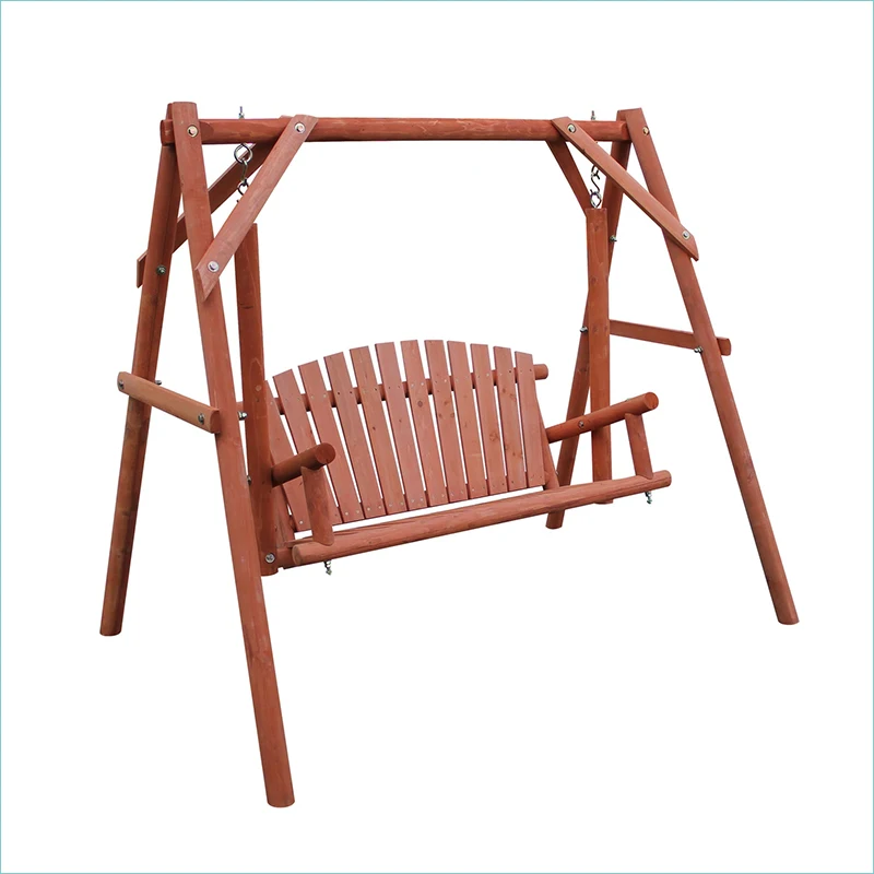 All-Weather Swing Chair Double Seat Outdoor Balancoire Courtyard Garden Leisure Lounger Log Wood Swing Patio Burnt Wooden Swing