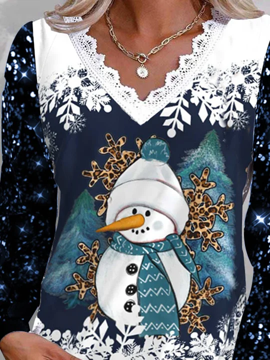 Nyfairy Plus Size Dames Lange Mouw V-Hals Sneeuwpop Print Kant Pailletten Kerst Gepersonaliseerde Top