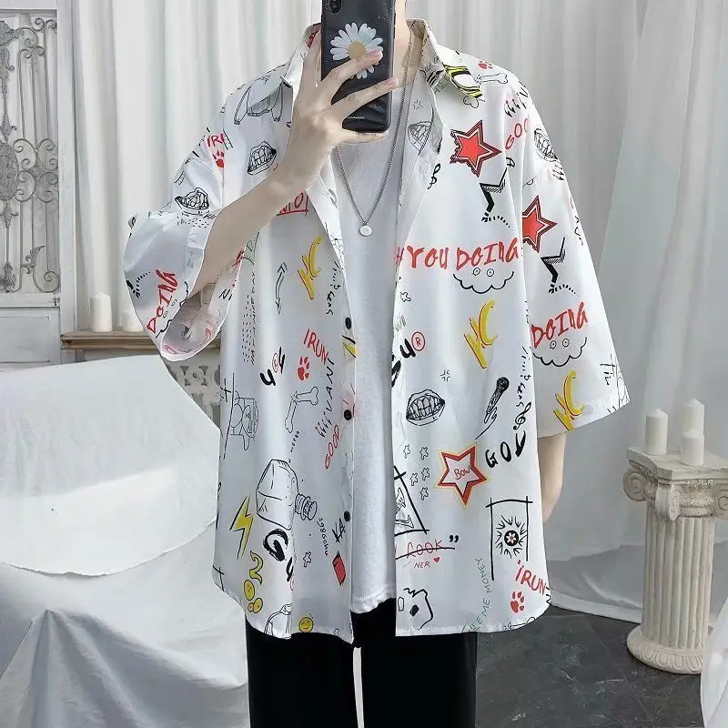 

Loose Men's ort Sve irt Summer Faion Brand Printed f Sve Oversized Harajuku BF Sle Couple's Printed Top