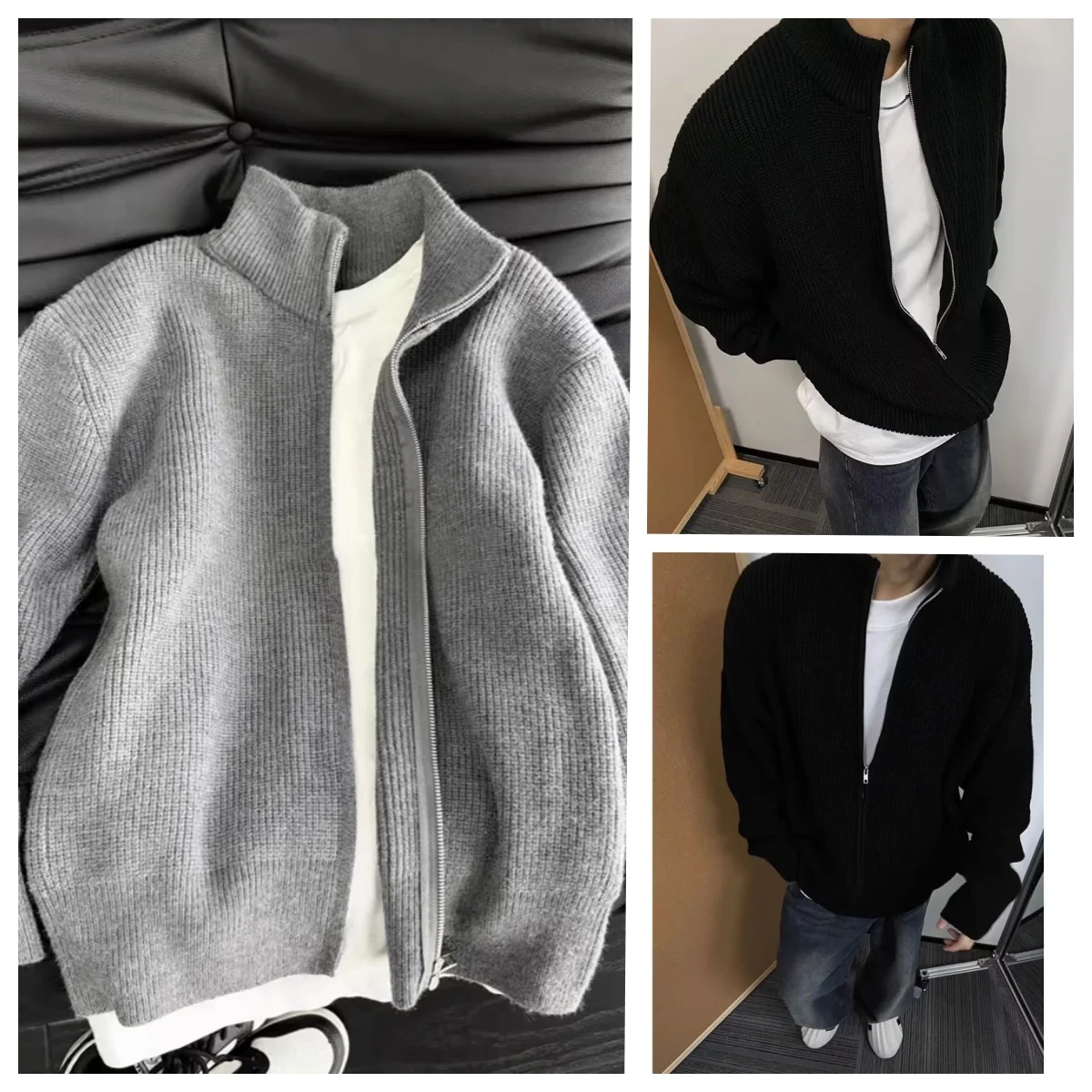 

American Retro Knitted Open Cardigan Sweater Men's Loose Casual All-Match Zipper Jaet Soft Polyester Fiber Casual Sle
