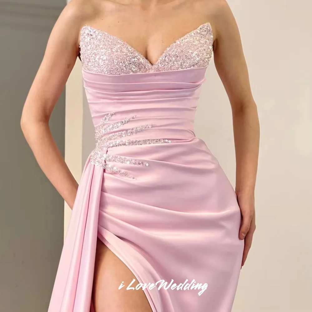 Pink V-Neck Evening Dresses 2025 Satin Sleeveless Sequin Mermaid Side Split Sweep Train Pleated Wedding Party Dresses Customized