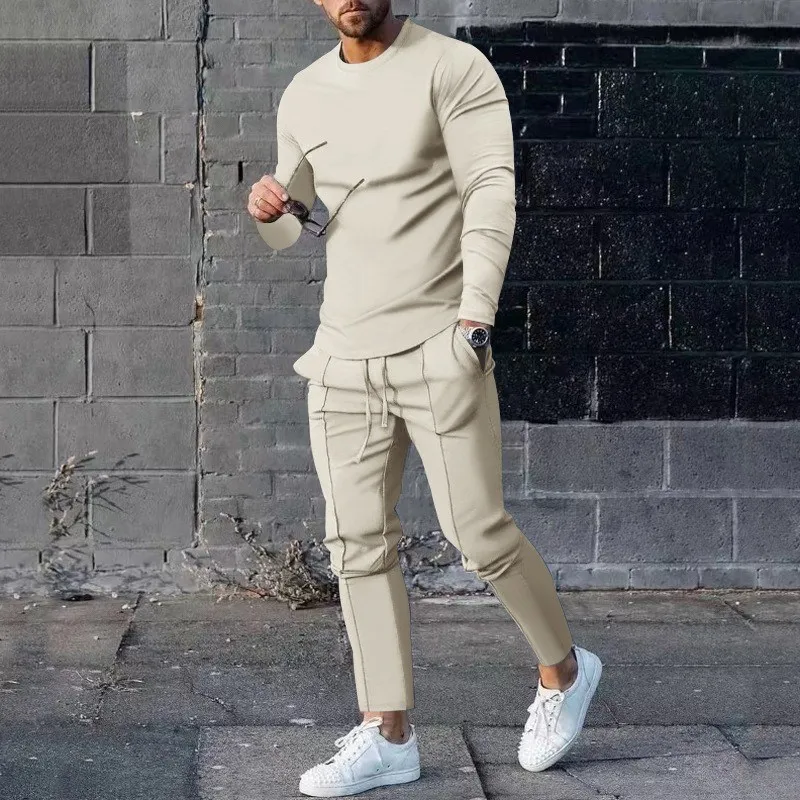 Solid Color Men Suit Long Sleeve T-shirt Long Pants 2 Pieces Set Tracksuit Casual Male Streetwear Oversize Sweatshirt Clothing