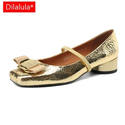 Dilalula Hot Sale women luxury designer Genuine leather mary janes shoes Gold silver retro party evening Pumps