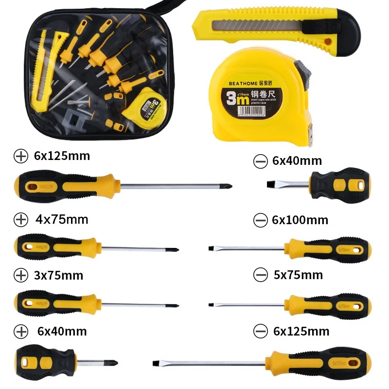 

Tool set of 10 pieces,cross shaped screwdriver, 3-meter steel tape measure, art knife,household screwdriver set screw driver set