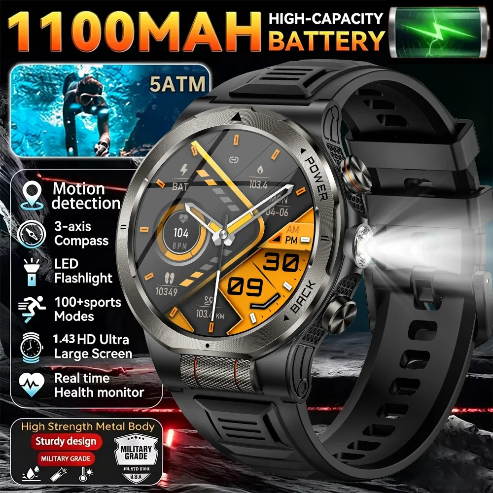 

LIGE 2026New Military Sport Smart Watch Men 1100mAh Battery 1.43" AMOLED Strong Flashlight Waterproof Smartwatch For Android IOS