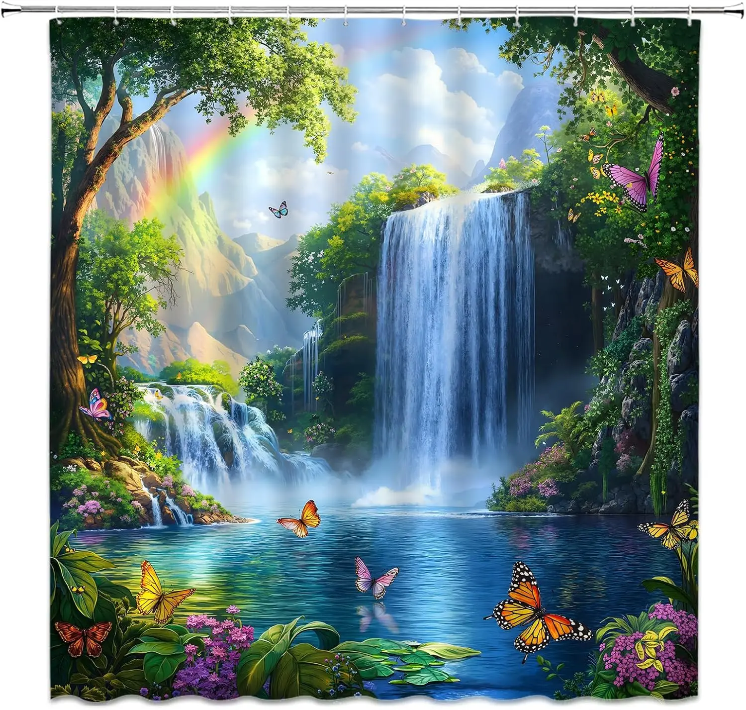 Waterfall Shower Curtain Dreamy Butterfly Rainbow Green Forest Tree Natural Scenery Fantasy Outdoor Plant Lake Landscape Fabric