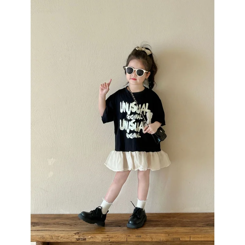 Girls' Dress2024Summer New Children Fake Two Pieces Leisure Patchwork Skirt ChildrenTT-shirt Skirt Fashion