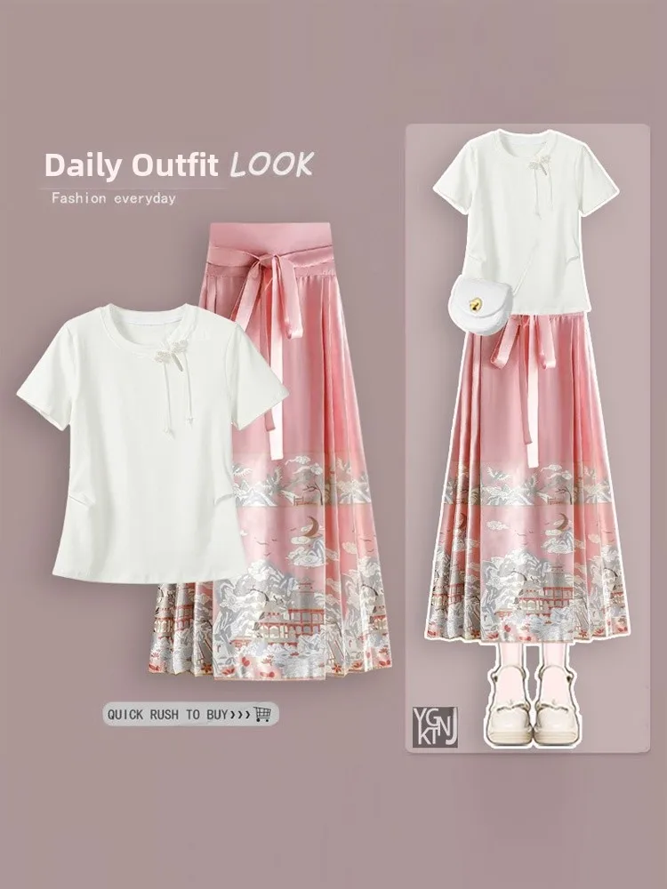 

New Chinese Sle ort Sve T-irt Women's Faion Design Sensation National Trend Slimming Face Skirt