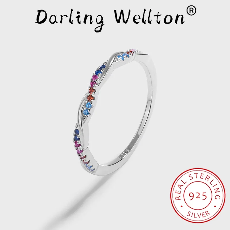 

NEW Classic Rainbow Twisted Rope Small Round Full Diamond Couple Ring For Women Sterling Silver Engagement Bridal Gift Jewelry