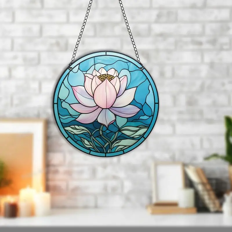 Flower Lotus Stained Suncatcher Window Acrylic Panel Home Living Room Decoration Retro Wall Hanging Pendant Garden Yard Ornament