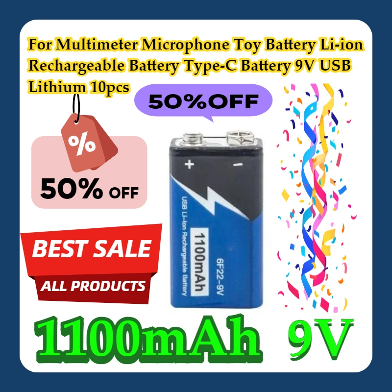 

For Multimeter Microphone Toy 9V Battery 1100mAh Li-ion Rechargeable Battery Type-C Battery 9V USB Lithium 10pcs