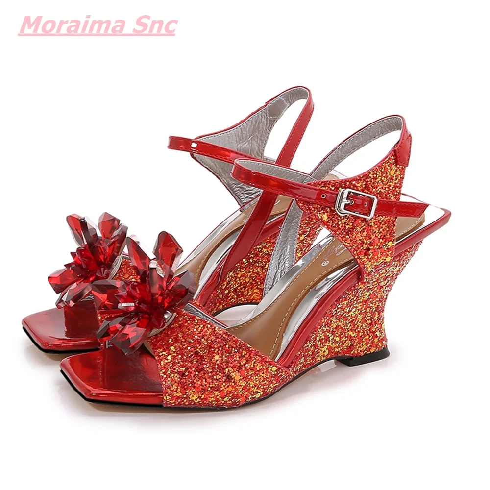 

2022 Summer Solid Women Shoes Square Toe Crystal Strange High Heel Leather Buckle Strap Comfortable Novelty Casual Sandals