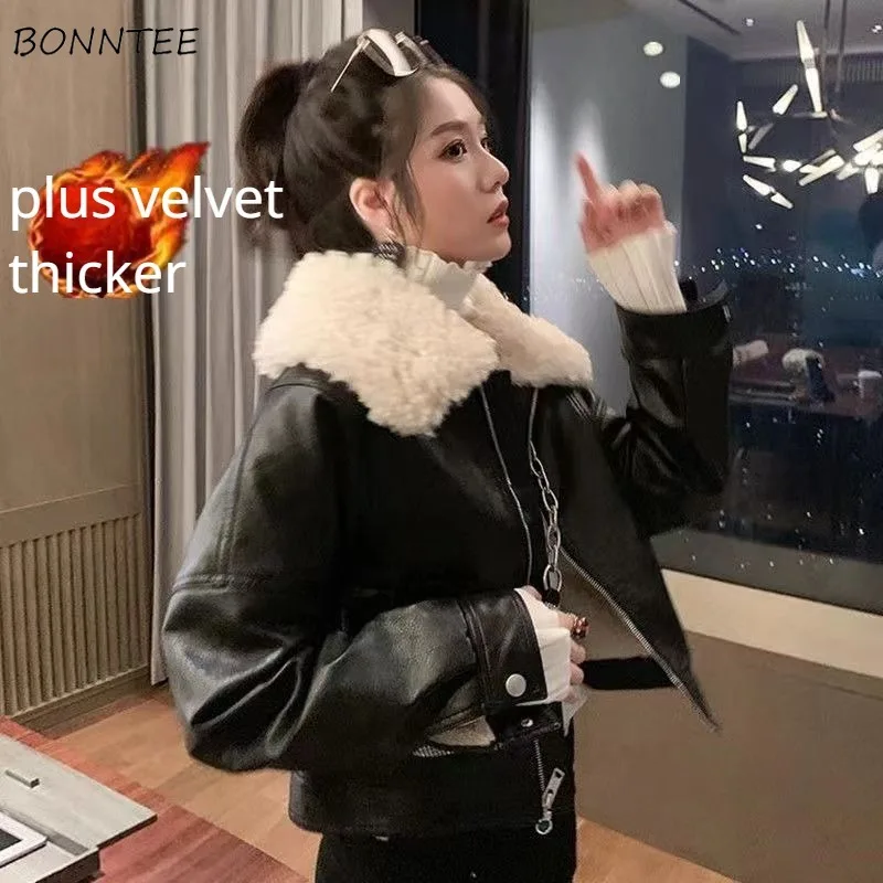 Winter Black Leather Jackets Women Fashion Comfortable Warm Plus Velvet Thicker Vintage Punk Rock Style Cool Elegant Lambswool