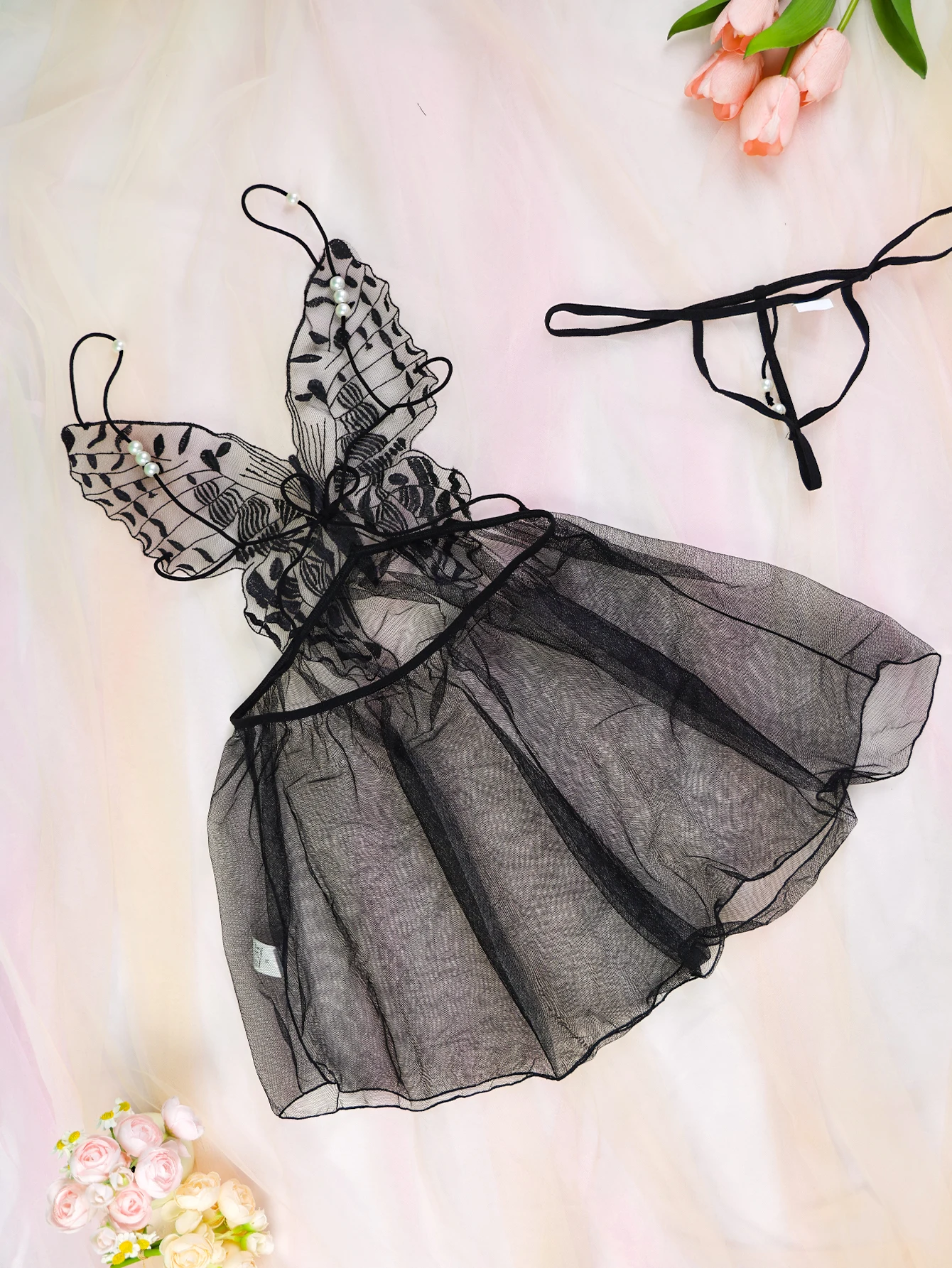 

Butterfly-shaped Suspender Dress With Pearls, Sheer Mesh Embroidered Dress, Including A Thong.