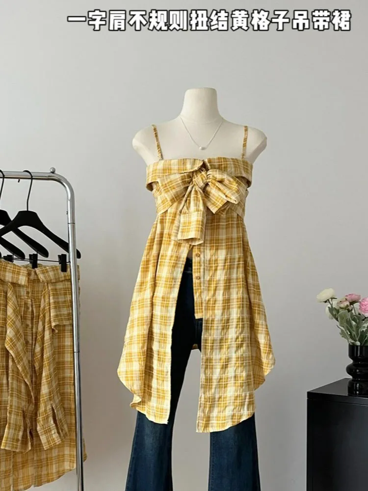 Japanese Simple Yellow Camisole Asymmetrical Vintage Summer Basic Plaid Vest Fashion Bohemian Off Shoulder Bow Tank Top Casual