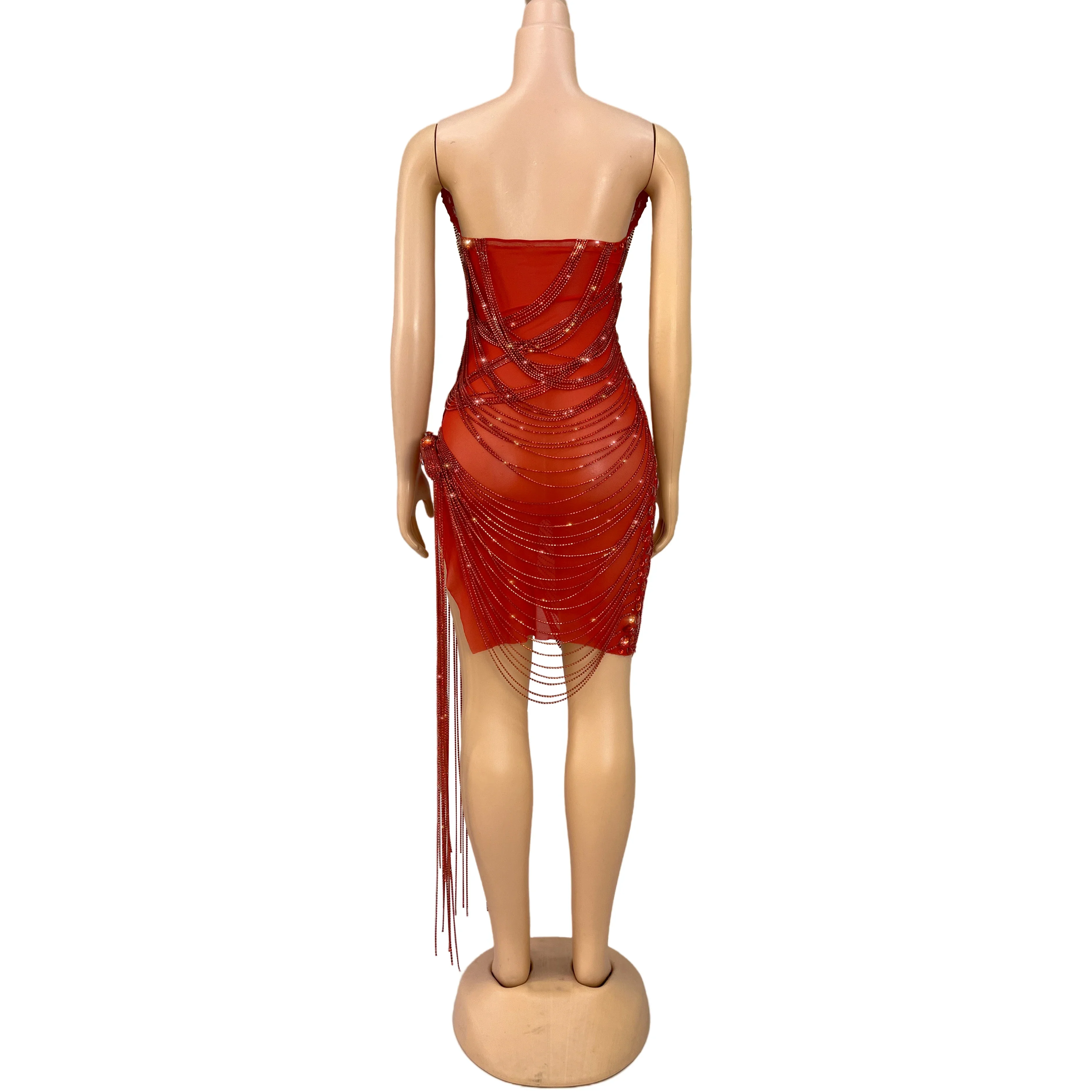 Luxury Hot Red Handmade Sparkly Crystal chains Rhinestones Tube Dress Women Party Show Outfit Singer Perform Costume Liehu
