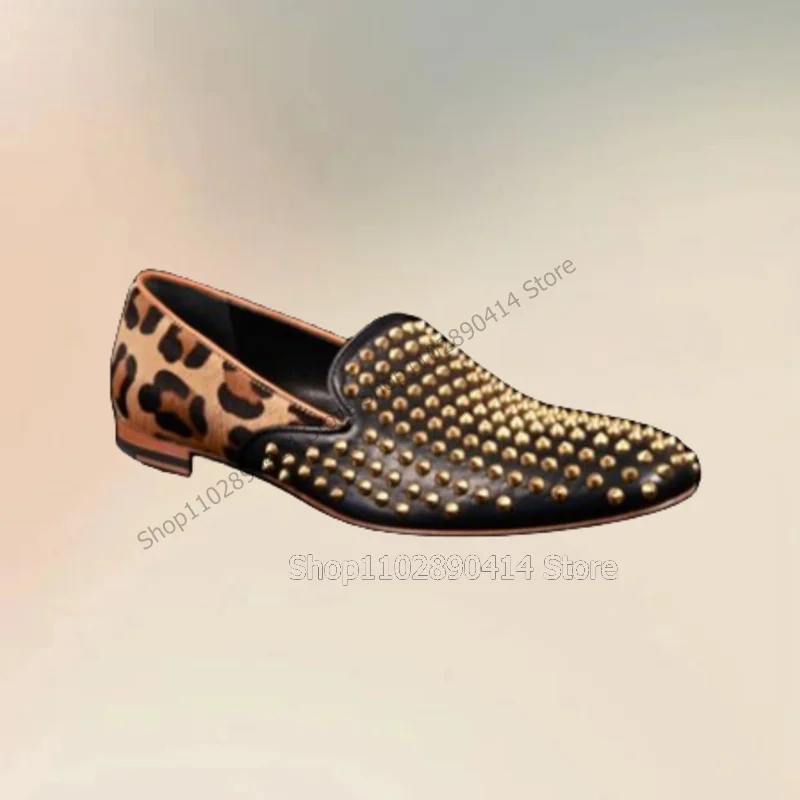 

Leopard Print Gold Rivets Decor Penny Loafers Fashion Slip On Men Shoes Luxurious Handmade Party Feast Banquet Men Casual Shoes