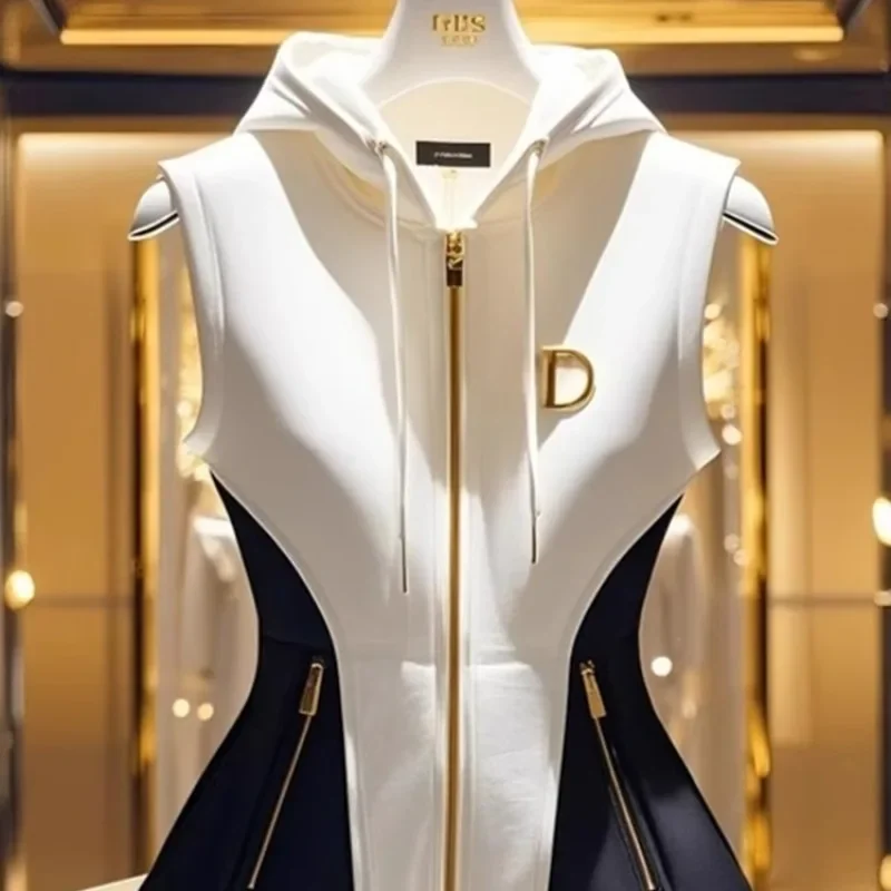 새 봄 프랑스어 우아한 하이 엔드 후드 조끼 코트 여성 대비 색 지퍼 슬림 자켓 기질 숙녀 인과 아웃웨어