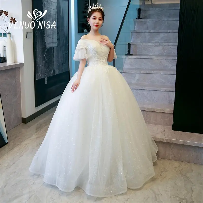 ที่กําหนดเอง VLNUO NISA เงา Ball Gown ปิดไหล่ชุดแต่งงานแขนยาวลูกไม้ Glitter Appliques vestido De Noiva Pluse ขนาด