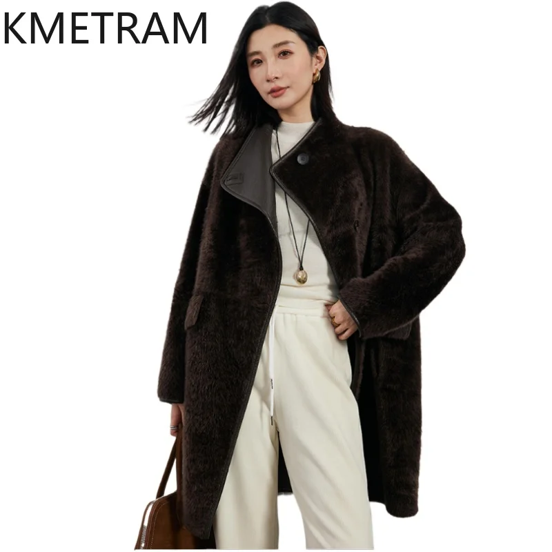 

Женская двусторонняя меховая куртка из натуральной мериносовой шерсти, темно-коричневая, средней длины, пальто из натурального меха, 2025 г., зимняя одежда, женская шуба