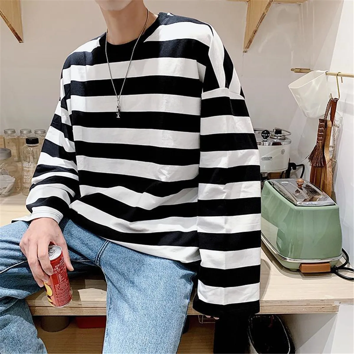 Fashion Punk Men Harajuku Black Red Striped Male Loose Oversized Long Sleeve Summer Boys Tees Retro T Shirt Punk Clothes Boys