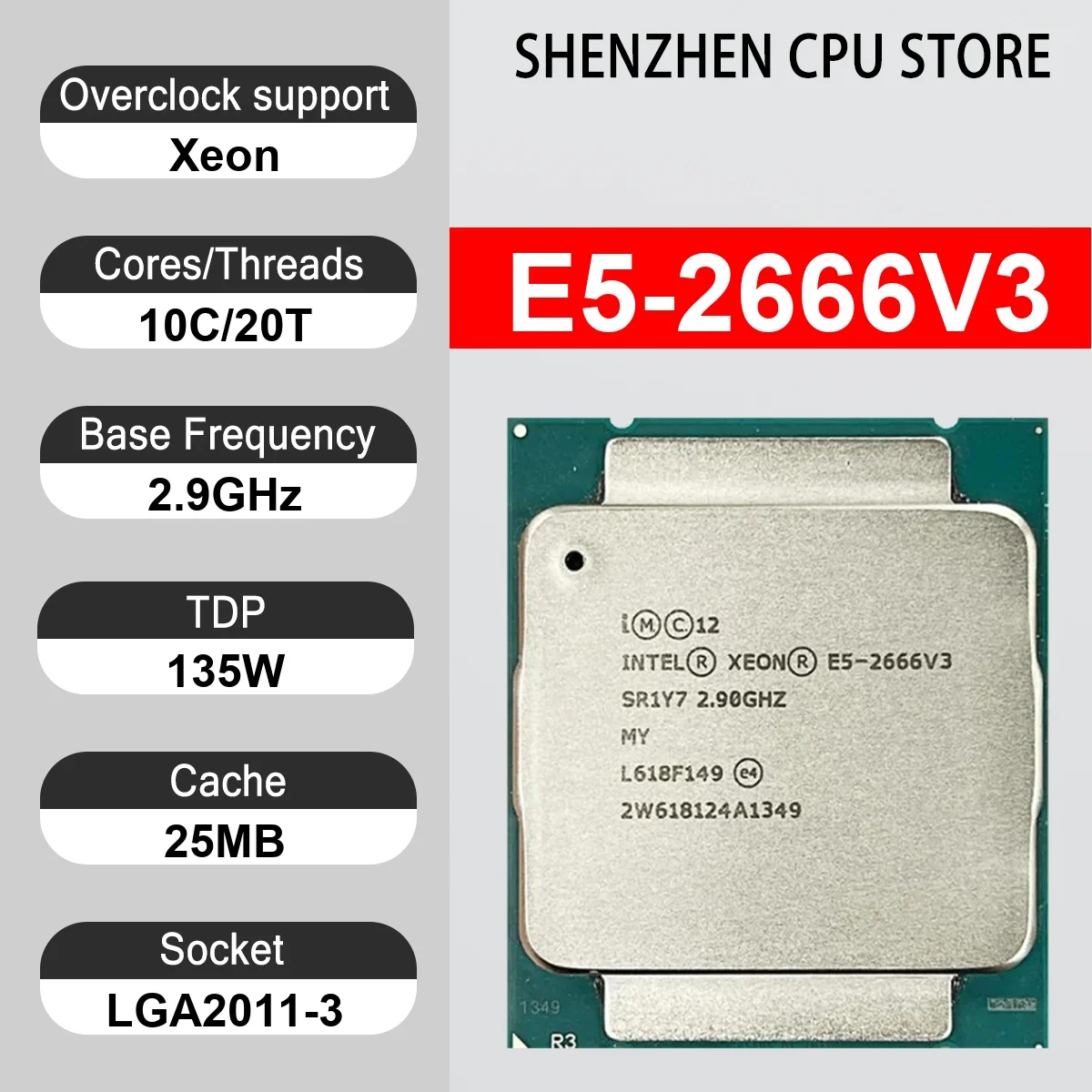 Intel Xeon E5-2666V3 10 Core 20 Thread 2.9GHz 135W 25MB Cache 22nm LGA 2011-3 SR1Y7 DDR4 2133 MHz Haswell-EP