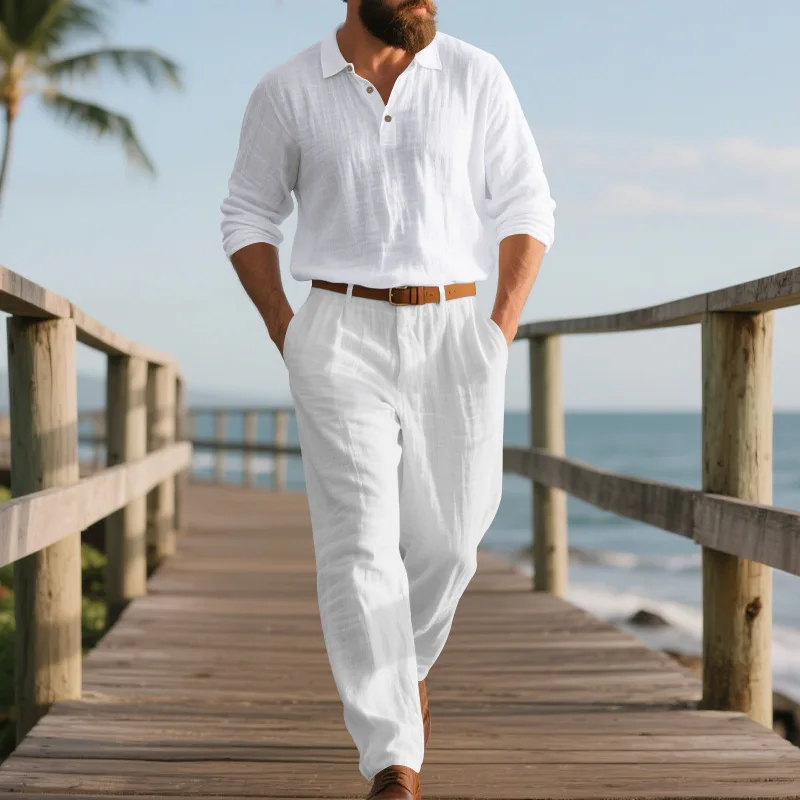 Sommer Herren Leinen 2-Teiliges Set Langarm Poloshirt Hose Einfarbig Lässig Atmungsaktiv Leicht Pendler-Outfit – Detail 5